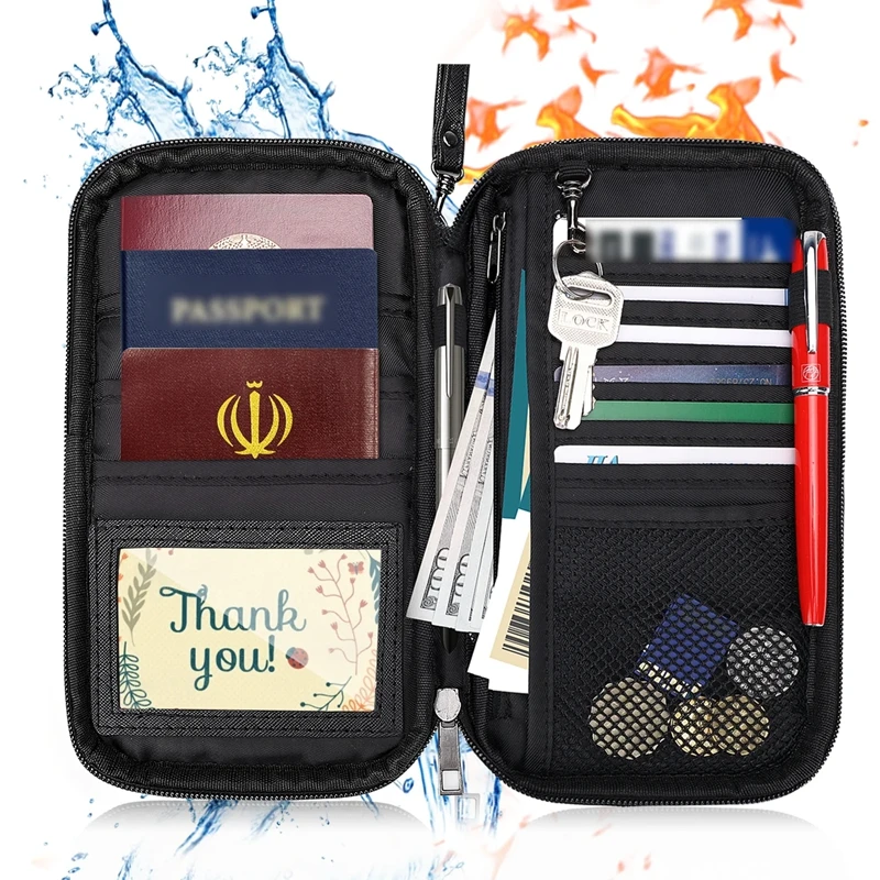 Fireproof Passport RFID Blocking Material  Holder Passport Pouch Waterproof Zipper Multi Compartment Area Organizer Bag