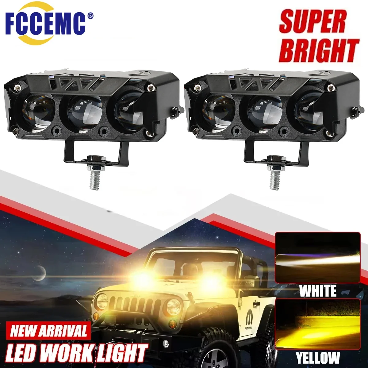 Motorcycle LED Spotlight Dual Color Hi/Low Beam Fog Lamp Bright 3 Lens Headlight Driving Light for Car Trucks SUV UTV 12V 24V
