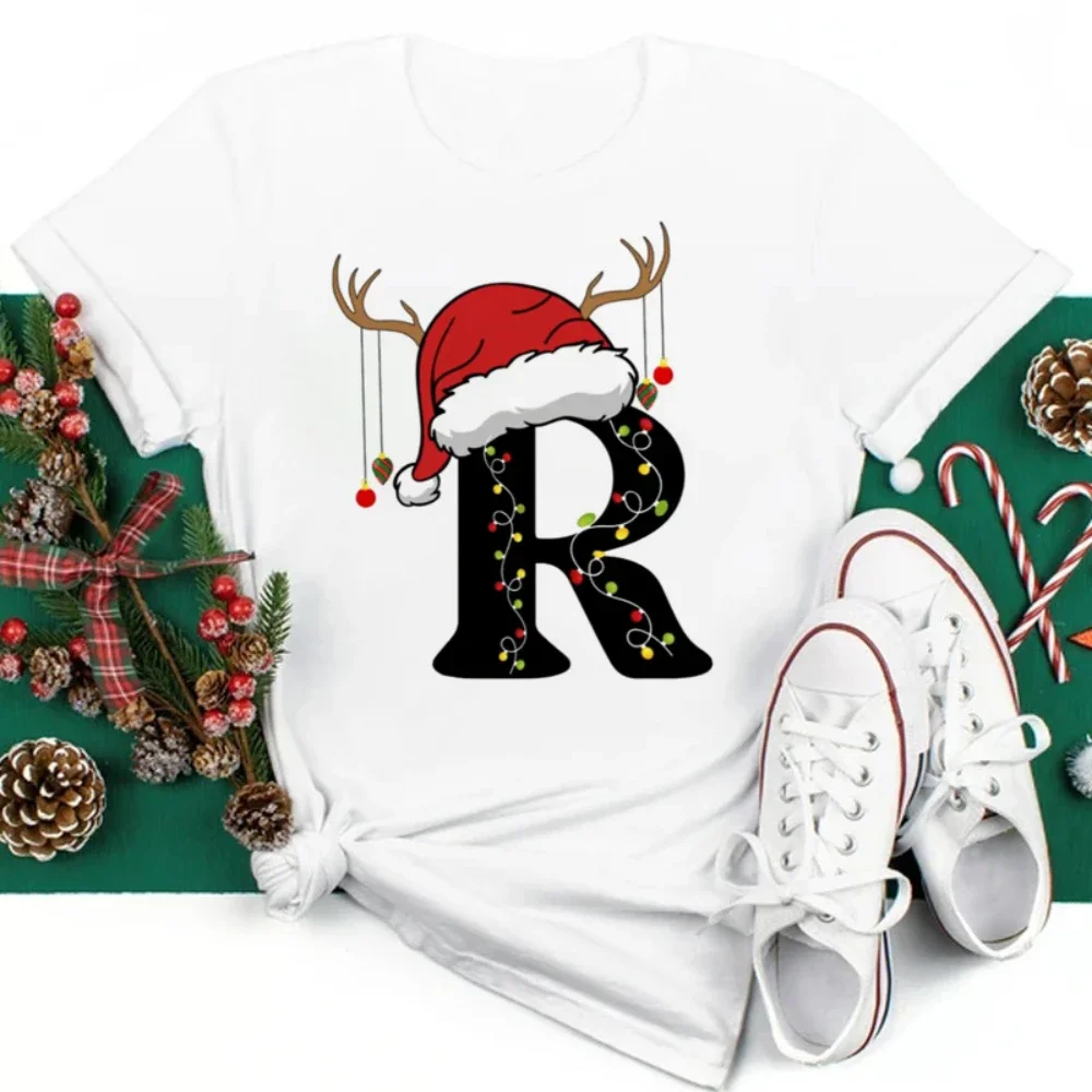Christmas Hat A To Z Letters Oversize Tshirt Christmas Family Gathering Activity Short-sleeved Shirt Oversize Streetwear Fashion