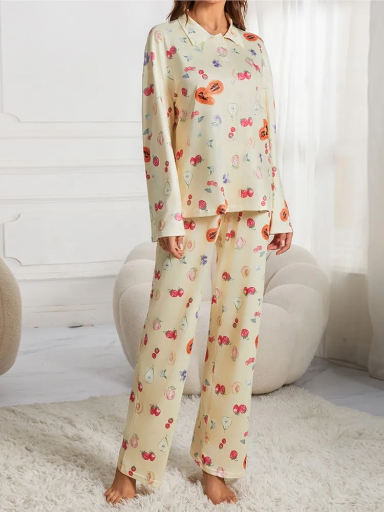 Autumn New Pajamas Women\'s Suit Long-sleeved Button-down Shirt Flower Fruit Print Wide-leg Pants Pajamas