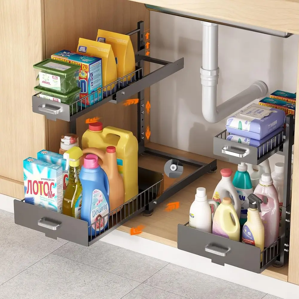 

Under Sink Organizer, 2 Tier Slide Out Kitchen Cabinet Organizers with Pulley, Under Bathroom Sink Pull Out Organizer with Multi