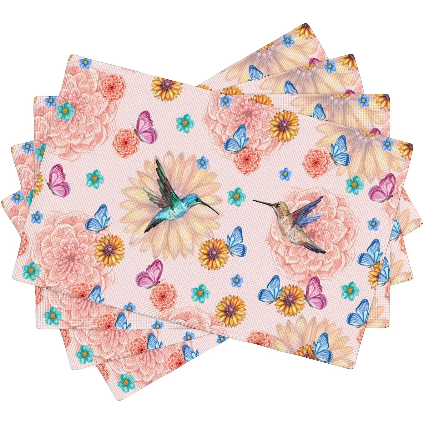 

4pcs Spring Floral Birds Placemats Set of 4, Lovely Humming Birds Pink Floral Butterfly Watercolor Dining Room Kitchen Tabletop