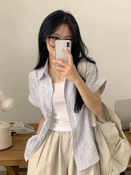 Summer  Short Sleeve Plaid Casual Shirt Women's Loose Slimming Korean Style Button up Cardigan Top Trendy Clothing