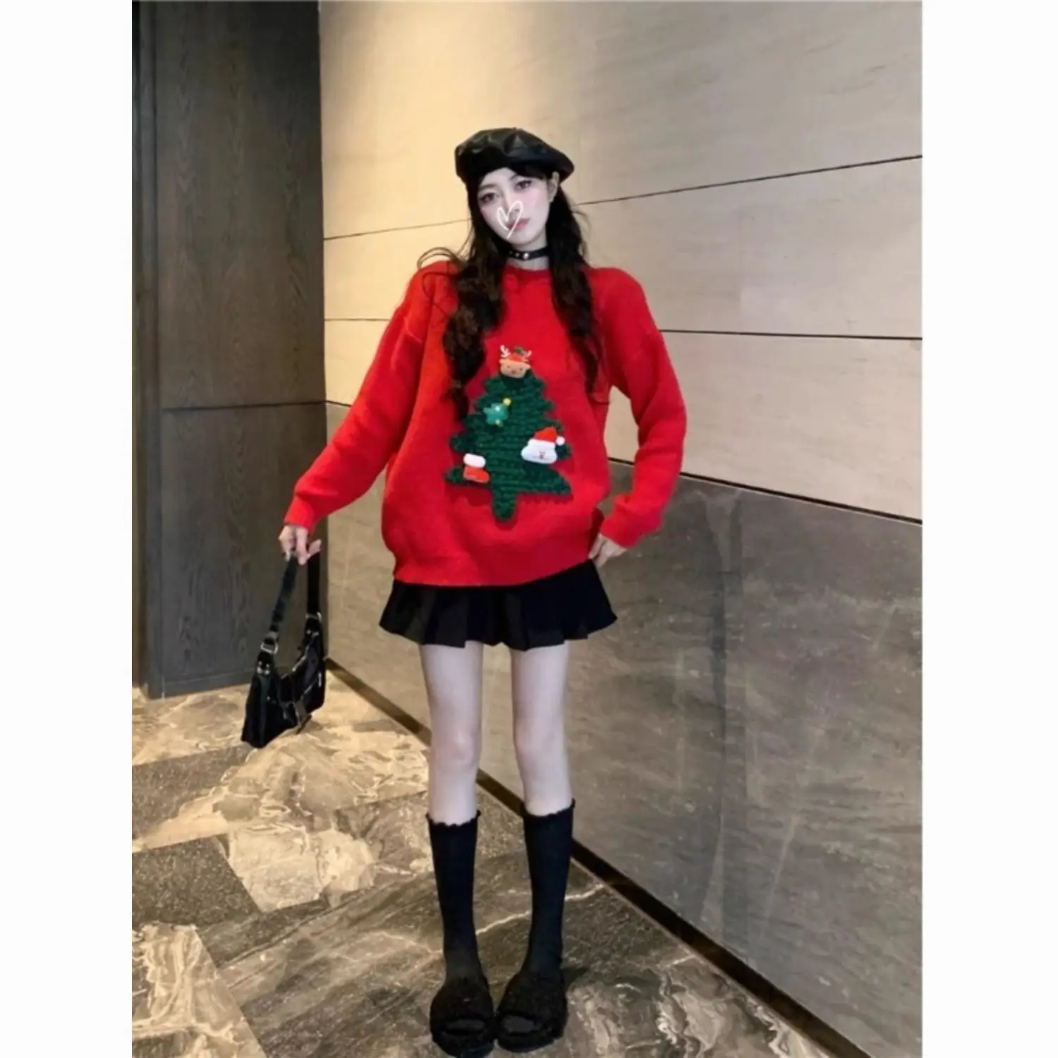 

Special Style, Age-reducing Sweet Loose Top for Christmas Red Sweater Knitted Sweater
