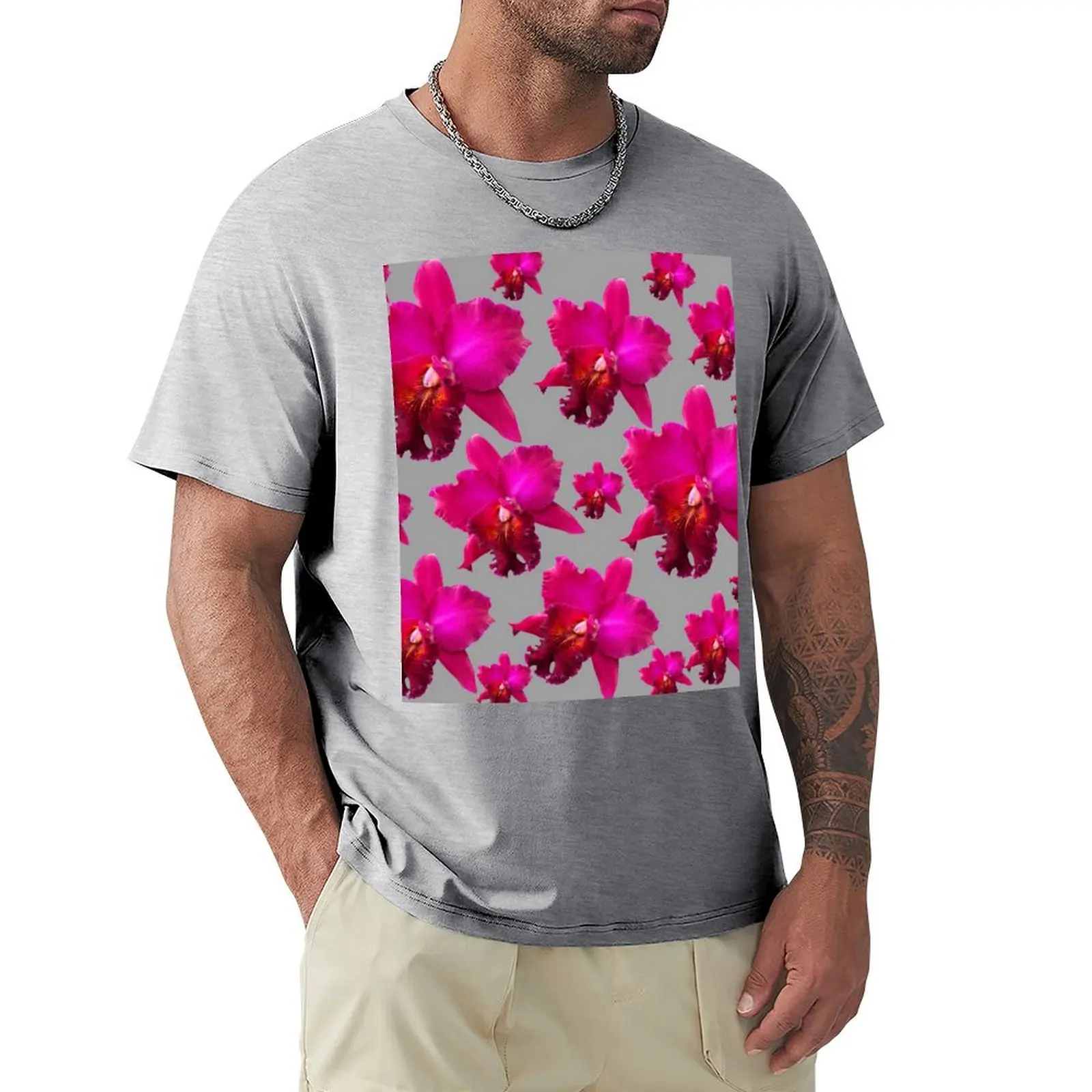 TROPICAL PINK FUCHSIA ORCHIDS PATTERN GREY ART T-Shirt korean fashion blacks aesthetic clothes Short sleeve tee t shirt men