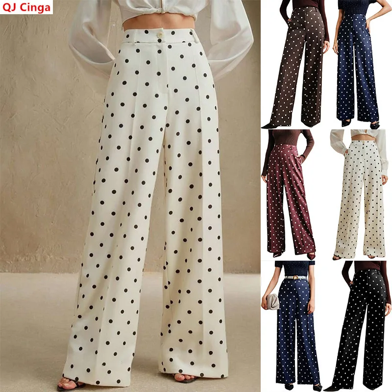 Fashionable Women's Vintage Polka-dot Wide-leg Pants, High-waisted Casual Trousers, Available in Beige, Black, Blue, and Brown.