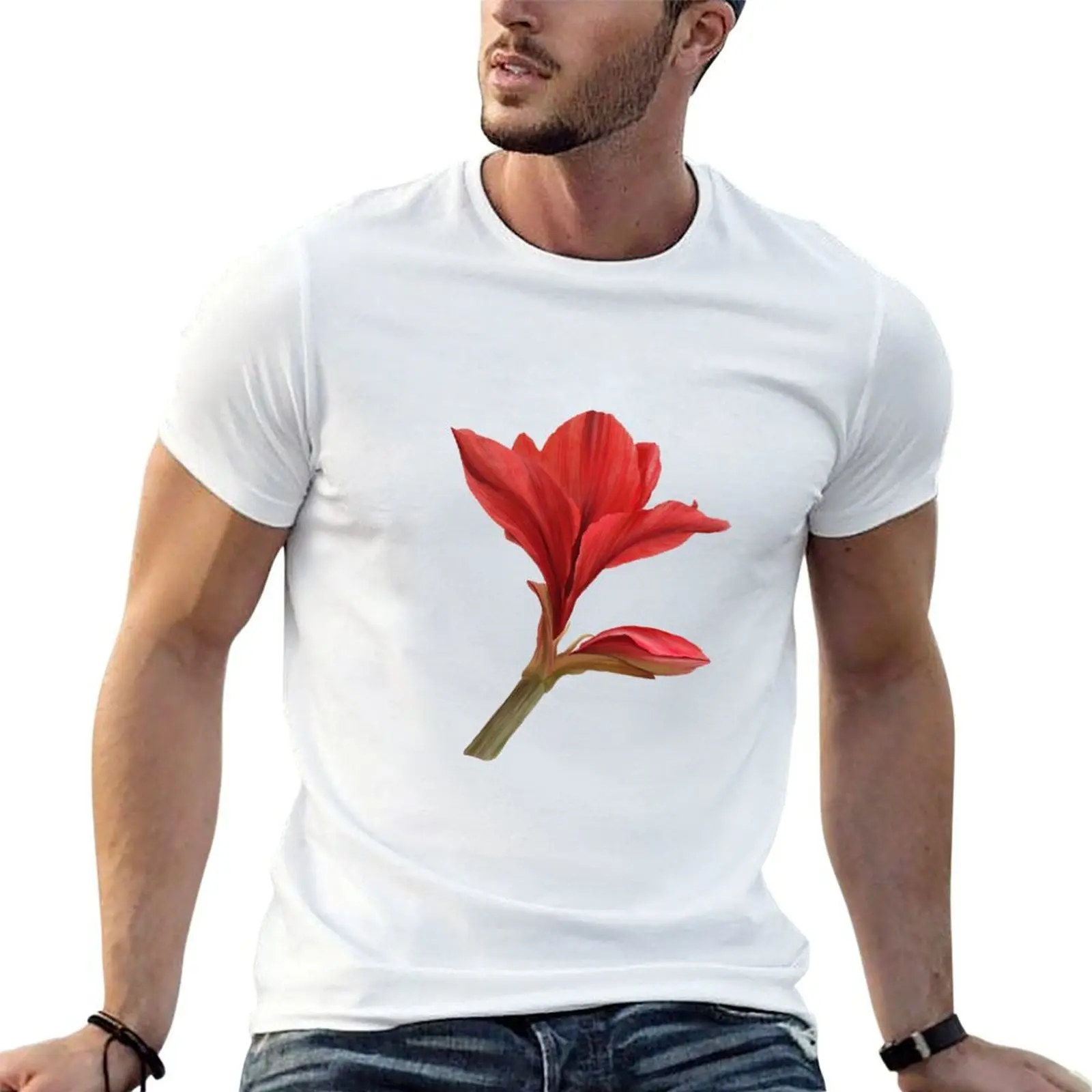 Camiseta con estampado de flor de amarilis roja dibujada a mano en acuarela, camisetas gráficas para hombre, camiseta gráfica para hombre
