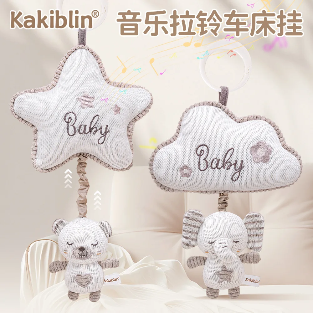 Boneca de coelho fofa com caixa de música, arte de tricô para berço, berços, chocalho de bebê para carrinho de bebê, brinquedo de chocalho de coelho pendurado
