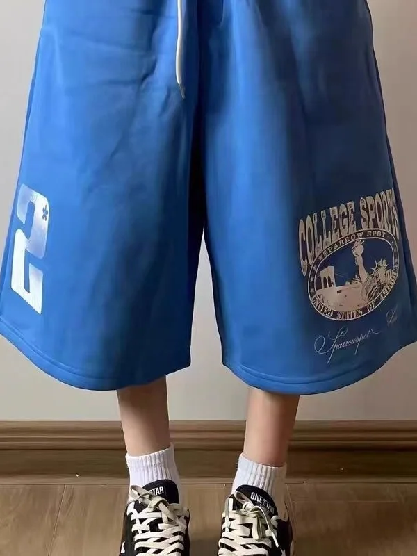 

American Style Worn-In Letter Print Blue Seven-Foot Men's Sport Pants Summer Street Trend Loose Casual Wide Leg Shorts