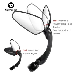WEST BIKING Bicycle Rearview Mirror 360° Rotation HD Wide View Anti-Scratch Glass Mirror for 21-26mm Handlebar Universal For MBT