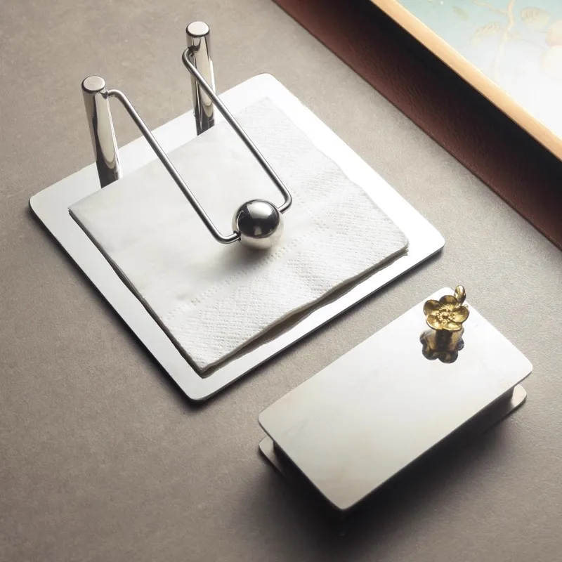 

European Style Modern Restaurant Special Use Stainless Steel Tissue Holder Unique Creativity Paper Pressing Seat Tissue Holder