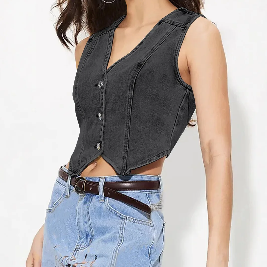 Women's denim vest new V-neck sleeveless solid color vest fashionable and versatile INS style top confident girl street fashion