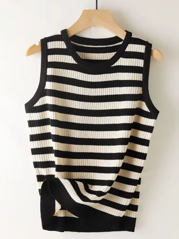Knitted Bottom Vest Stripe Color Blocking Women Tank Top Summer 2026 Outfits Tight Sexy Camisole Sleeveless Top for Outerwear