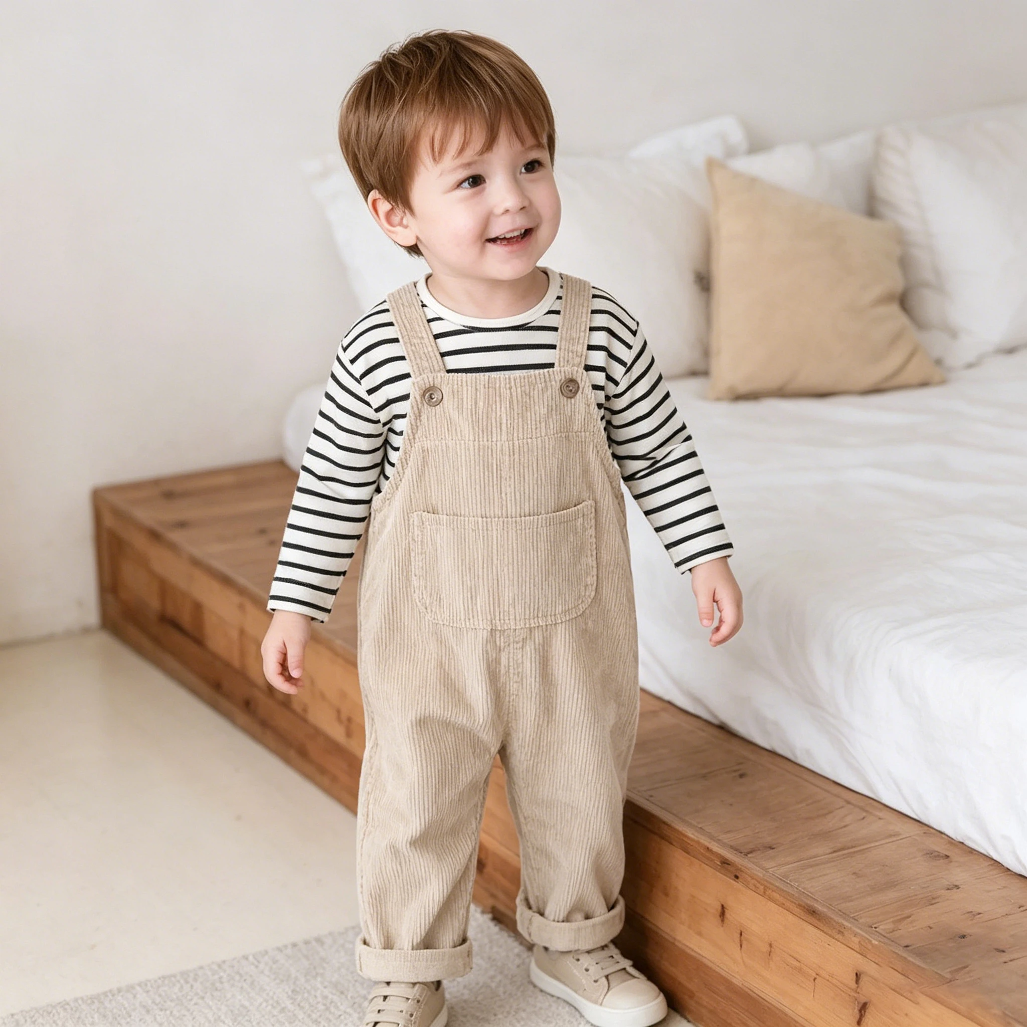 Adorable Unisex Corduroy Overalls – Neutral Earthy Tone, Adjustable Straps, True-to-Size Fit,Cute Design, Easy To Put On And Tak