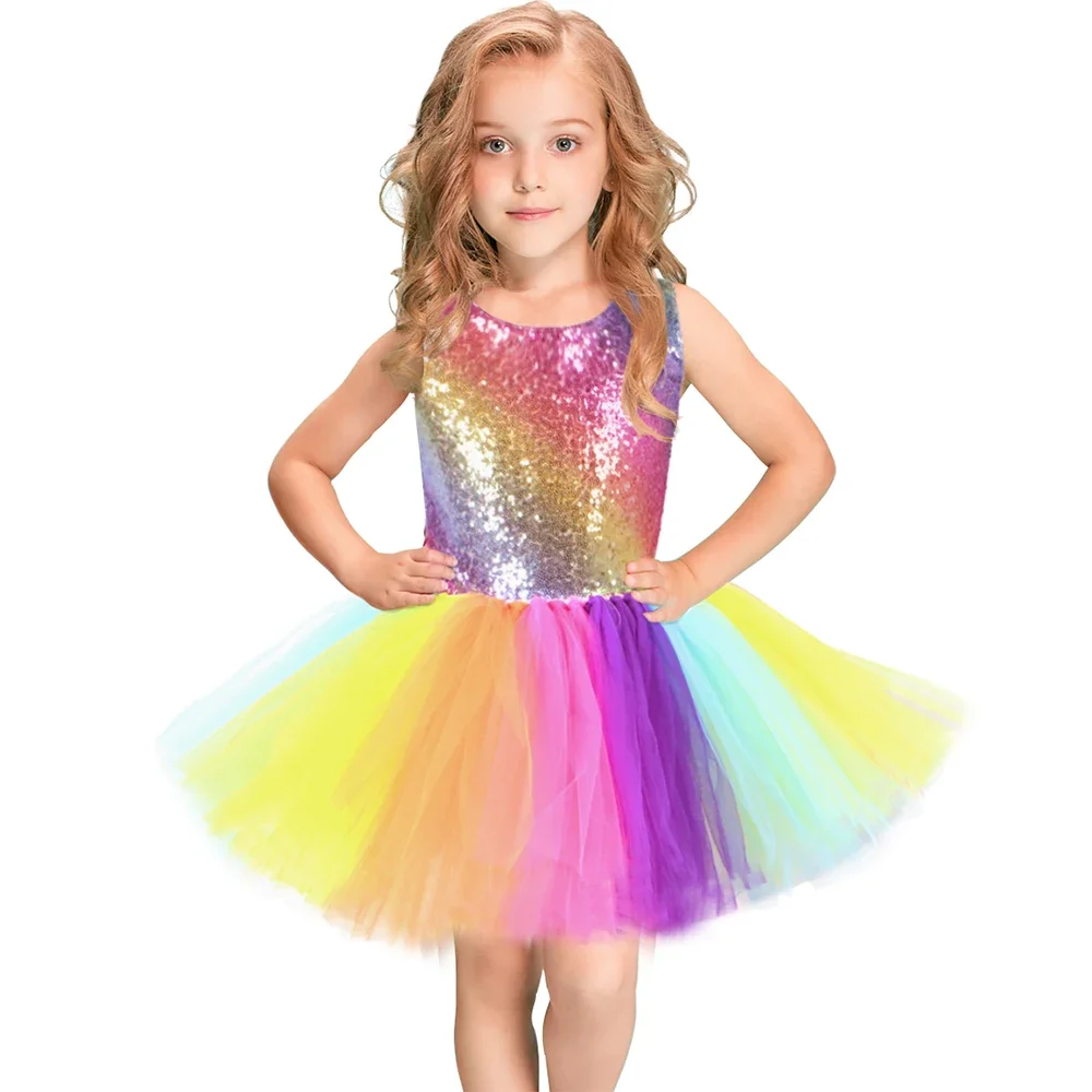 Rainbow Sequins Princess Dress for Girls Sleeveless Backless Party Evening Tutu Dresses Kids Clothes Vestido Children\'s Clothing