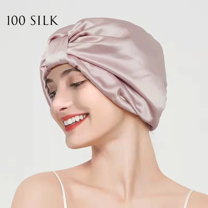 100 Mulberry Silk Hair Bonnet Cap For Women 19 Momme Natural Pure Silk Turban For Sleeping Hat Double Layer Silk Curly Head Wrap