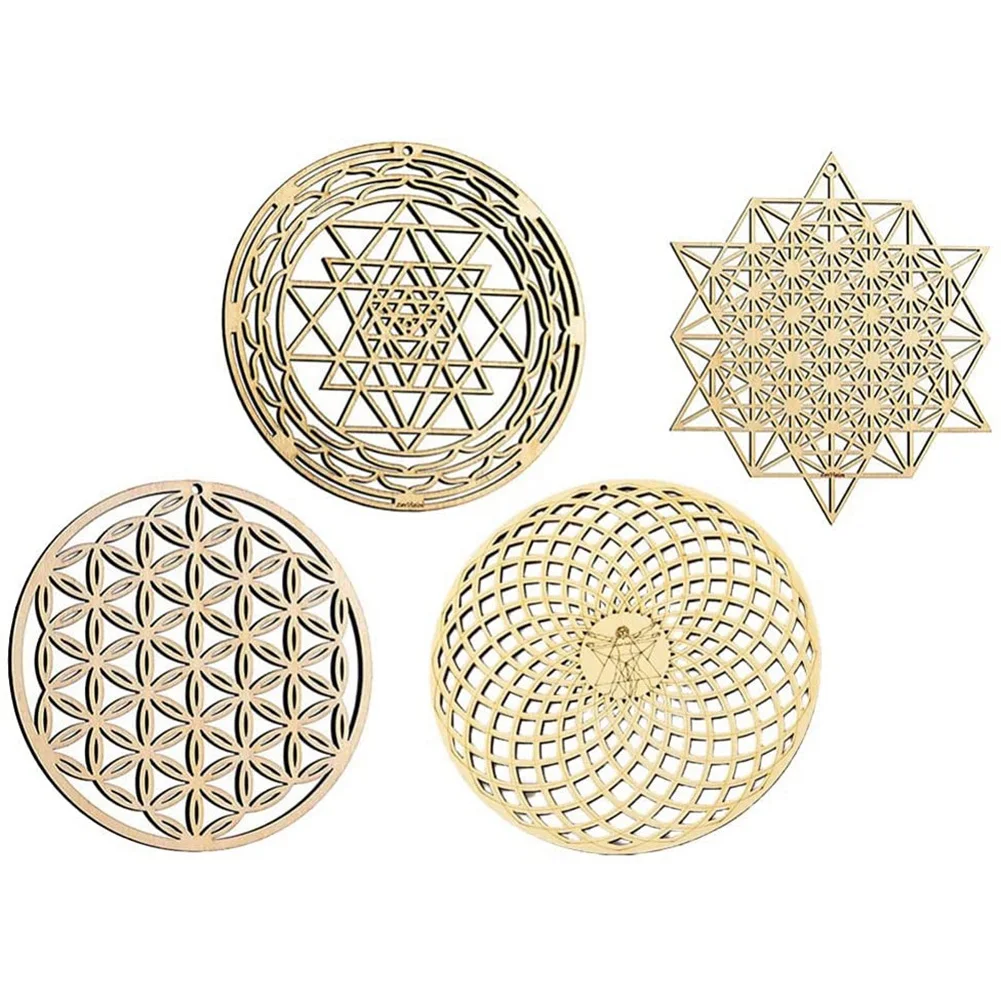 

4Pcs Sacred Geometry Wall Art Flower of Life Grid Wooden Accent Decor Wooden Crystal Grid Board Wooden Wall Sculpture