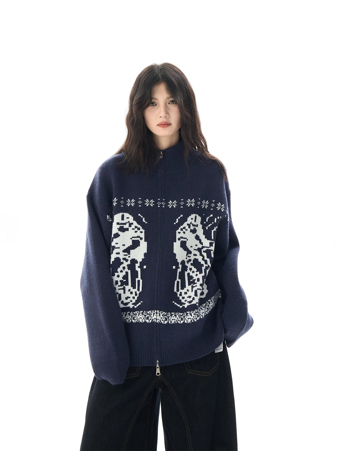 

Retro American Fair Isle Open Cardigan Sweater Loose Lazy Sle Women's Men's Autumn Winter Heavyweight f High Collar Knit...