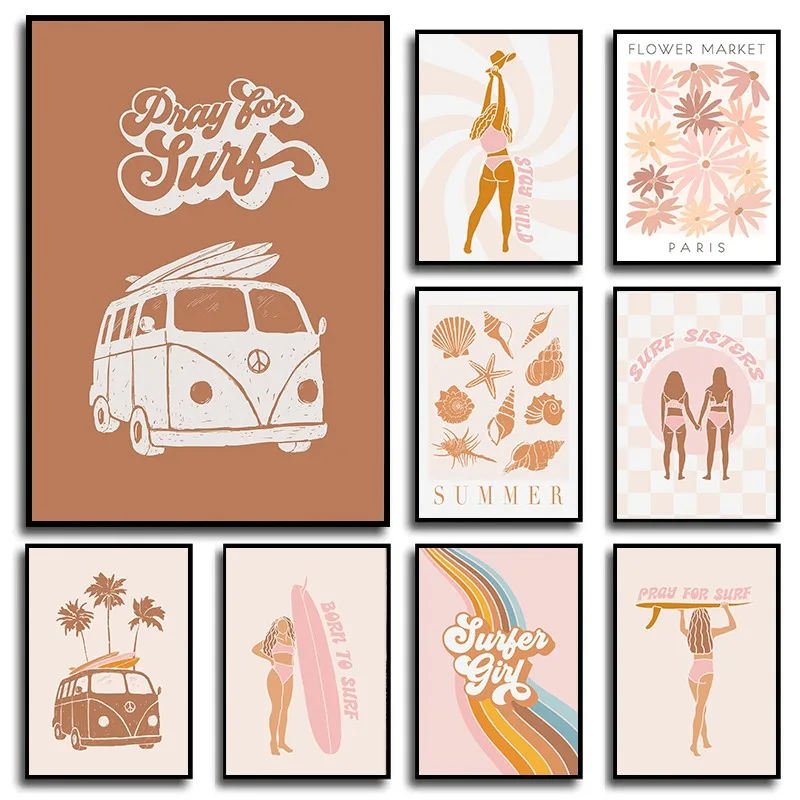 Boho Beach Surfer Girls Modern Surfboard Summer Seashell Poster and Print Canvas Printing Wall Art Picture for Living Room Decor