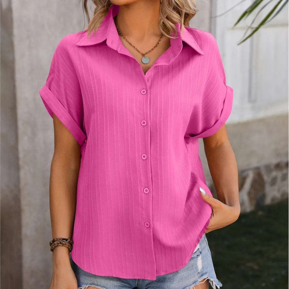 Elegant Women's Solid Color Lapel Shirt 2024 Summer New Women's Loose Shoulder Short Sleeved Casual Blouse Chemise Longues Femme