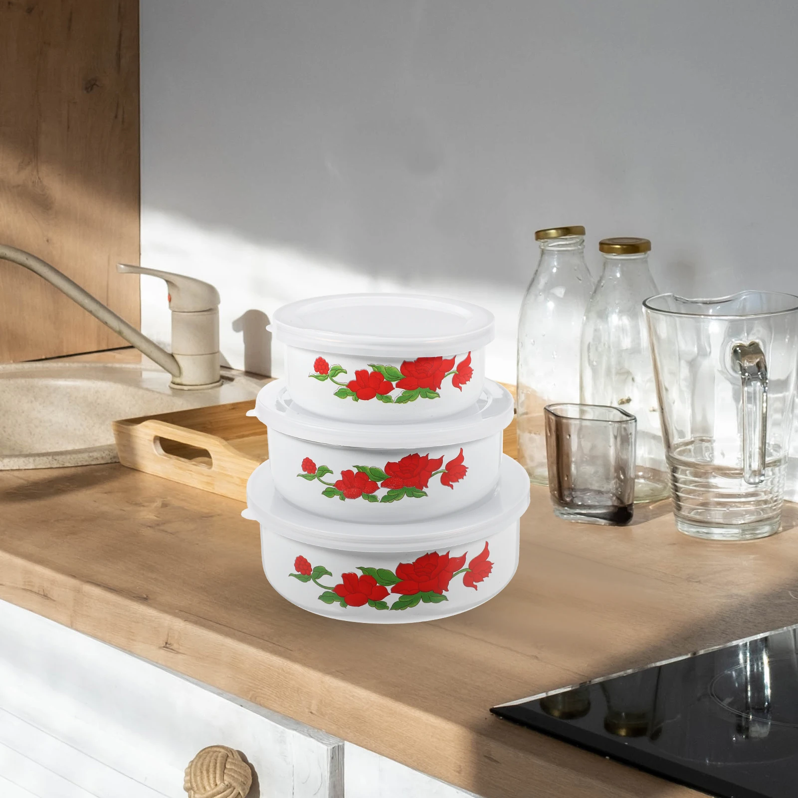 

3pcs Enamel Bowl Set Food Storage Containers Portable Bento Box For Lunch Salad Noodle Soup Office Student Meal Prep Vintage