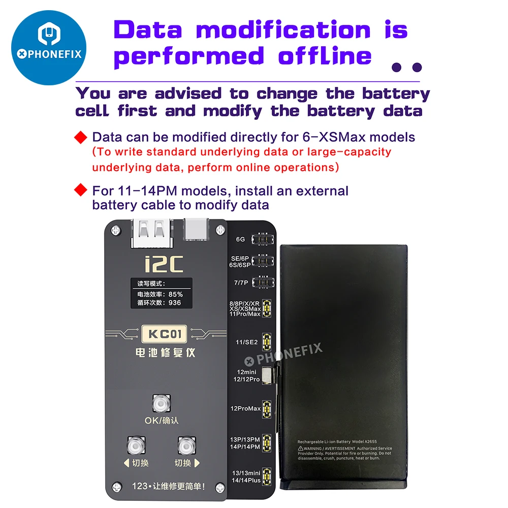 i2C KC01 Battery Repair Instrument for iPhone 11 12 13 14 Pro Max Battery Data Reading Writing Battery Health Warning Error Fix