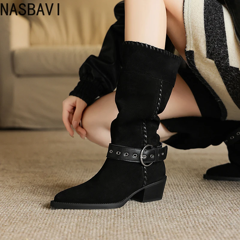 

NASBAVI 2026 Fashion Women Knee High Boots Cow Leather Warm Mid Wedge Heels Western Cowgirl Boots Square Woman Dress Shoes 34-43