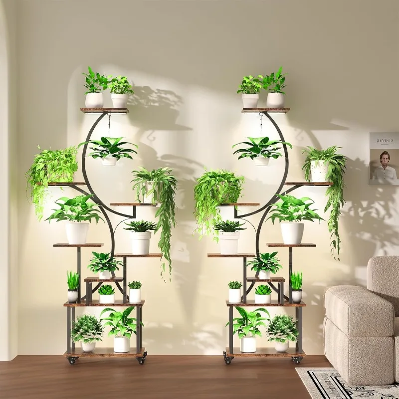 حامل نباتي داخلي مع أضواء للنمو، حامل نباتات داخلي بعجلات، رف نباتي 8 طبقات داخلي، حامل نباتات طويل القامة داخلي قطعتان #2