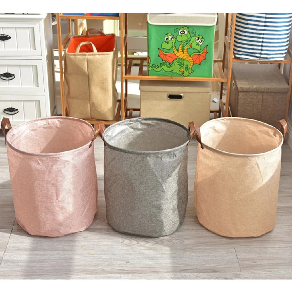 Laundry Basket Cotton Linen Waterproof Pe Coating Folding Storage Box Large Miscellaneous Toys Storage Bag With Handles 34x45cm