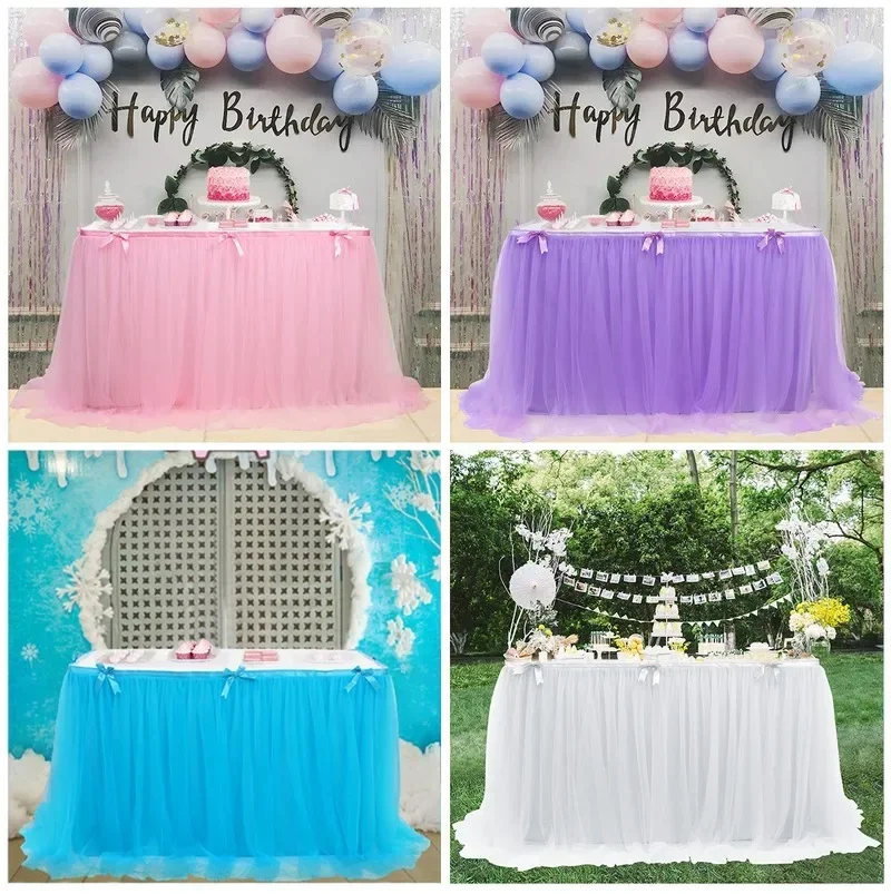 Lace Wedding Table Skirt Solid Color Birthday Party Banquet Desk Skirting Celebration Baby SHower Party Decor Mesh Gauze