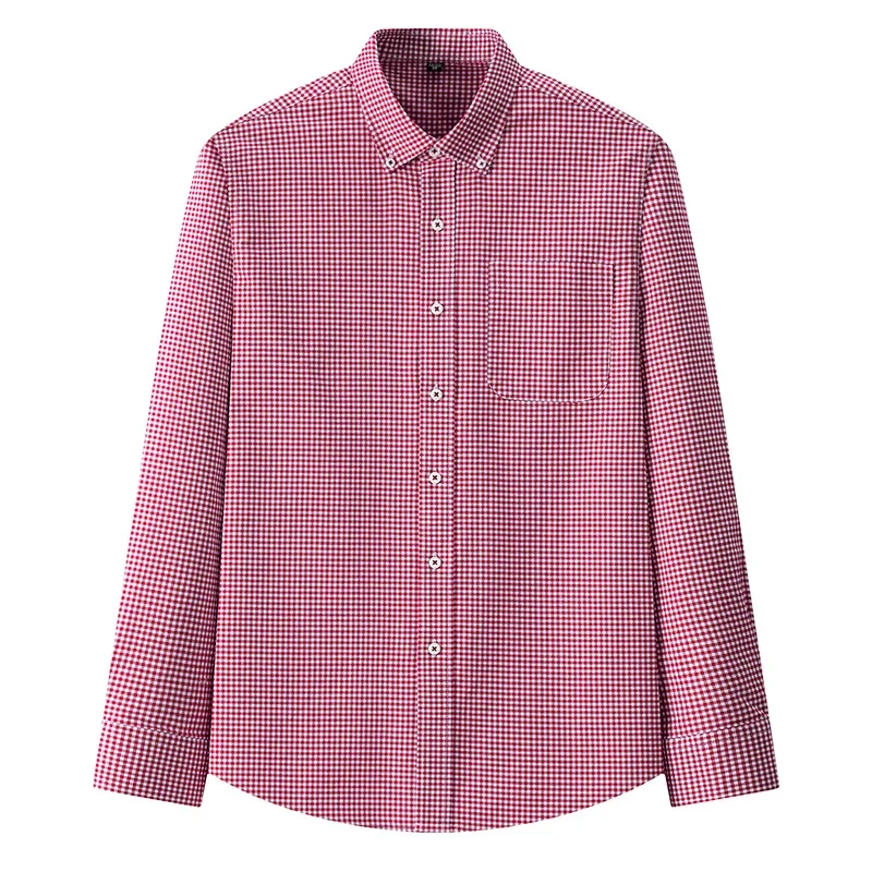 Men Spring Autumn Plaid Striped Oxford Shirts Long Sleeve Check Shirt Chest Pocket Work Casual Standard-fit 100% Cotton