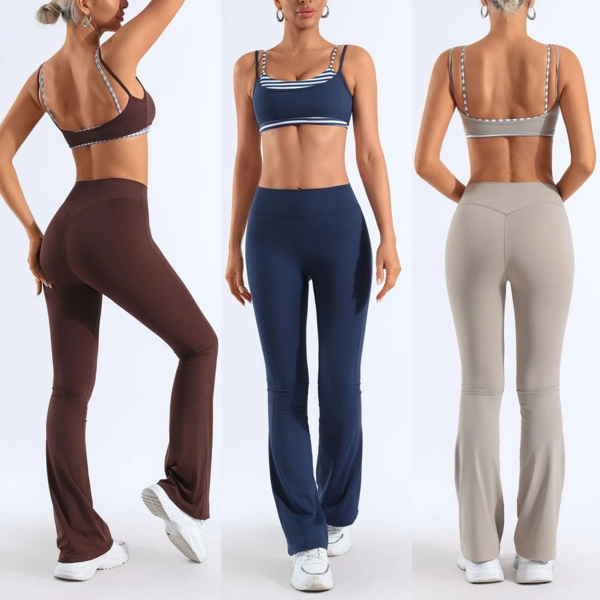Women 2 Piece Yoga Outfit Fake Two Piece Plaid Sports Bra High Waist Flare Leggings Soft Nude Feel  workout clothes for women