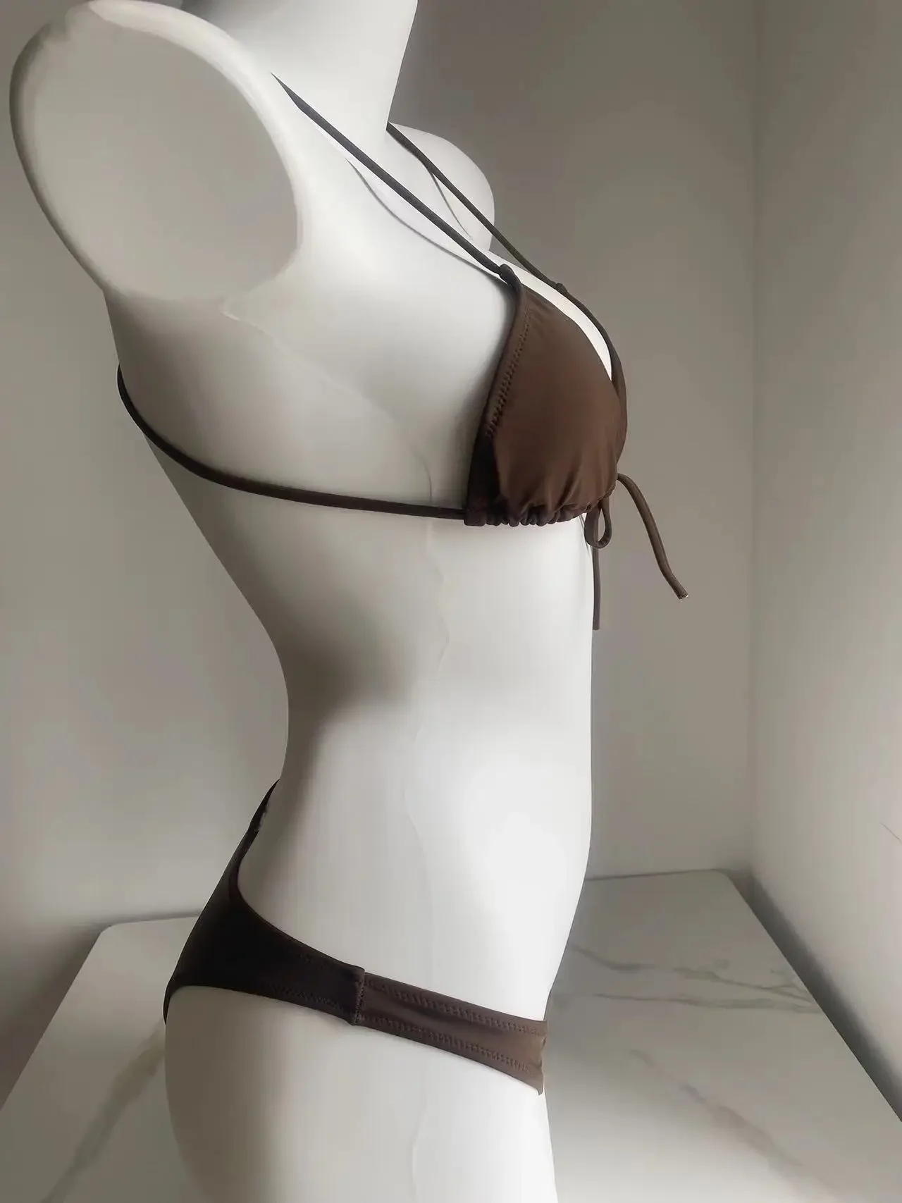 Sexy Women Thong Solid Brown Color Bikini Set Halter Tie Swimsuit Ladies Split Strap Adjustable Brazilian Swimwear Beachwear