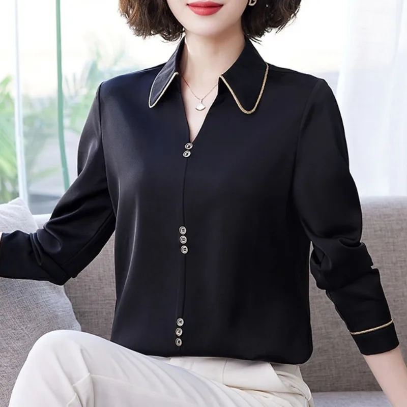 Spring Autumn Turn-down Collar Women's Clothing Button Pullover Solid V-Neck Chiffon Office Lady Long Sleeve T-shirt Tops