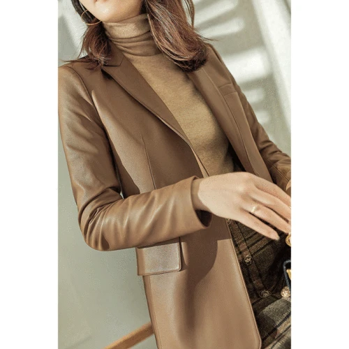 Imagen 2 del producto Abrigo de piel de oveja Natural, Blazer para Mujer, traje con un solo botón, cuello, chaqueta elegante y elegante para Mujer, abrigo ajustado de cuero auténtico Camel