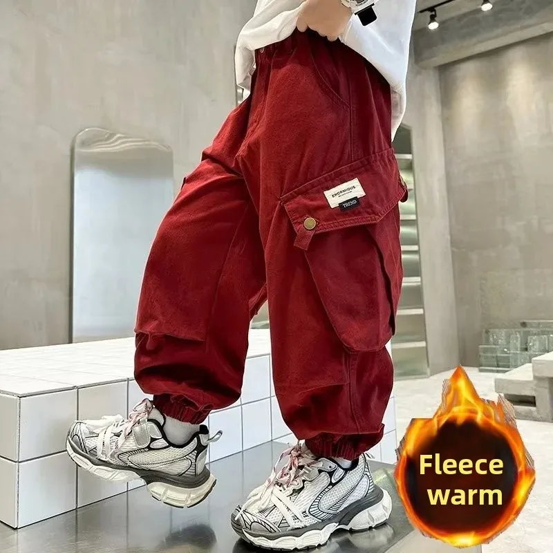 

Брюки с подкладкой для мальчиков, зимние утепленные брюки, детские теплые повседневные спортивные штаны, осенние новые детские модные рабочие брюки