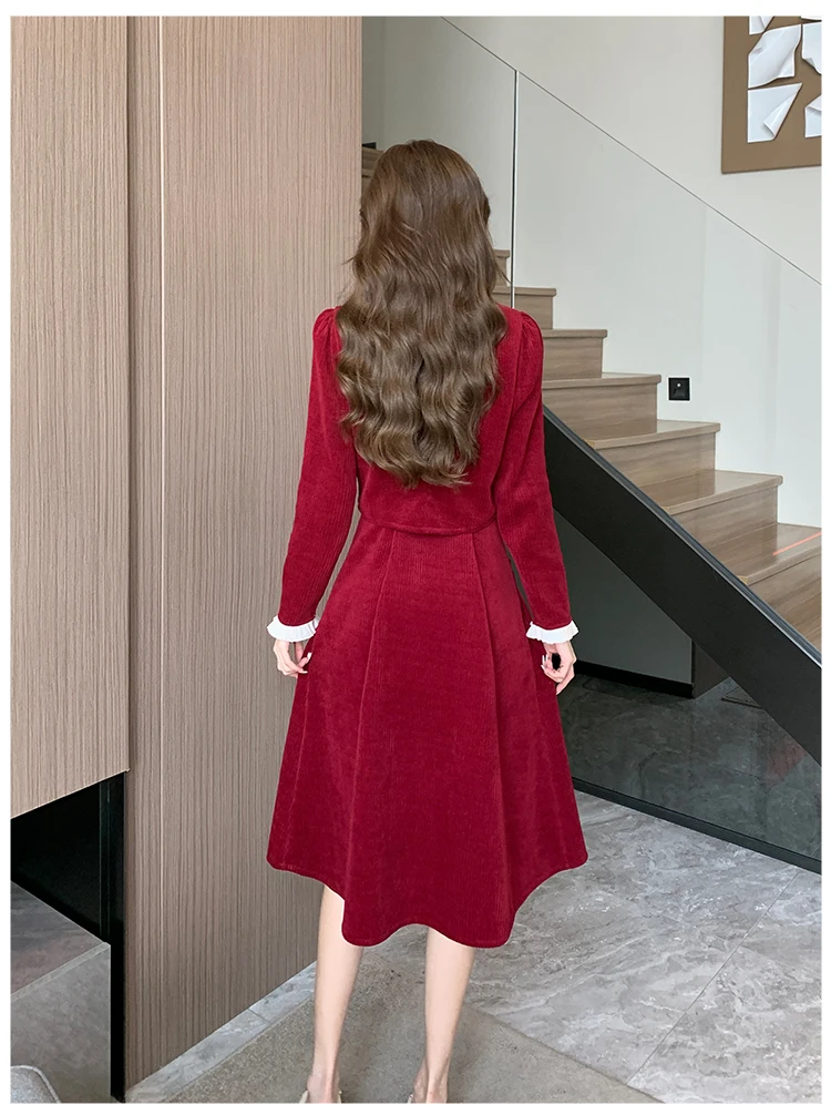 Fashion Autumn Long Sleeve Corduroy Two Piece Set For Women O Neck Chic Single Breasted Slim Short Coat + A Line Midi Skirt Suit