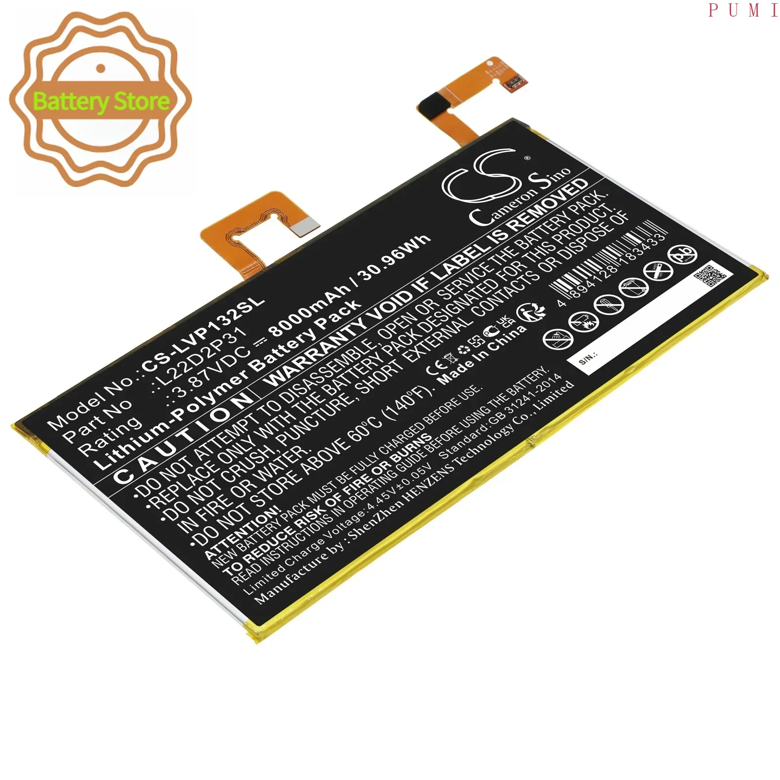 CS Replacement Battery for Lenovo Tab P11 Pro,TB-J706,TB132F PN:L22D2P31 8000mAh / 30.96Wh