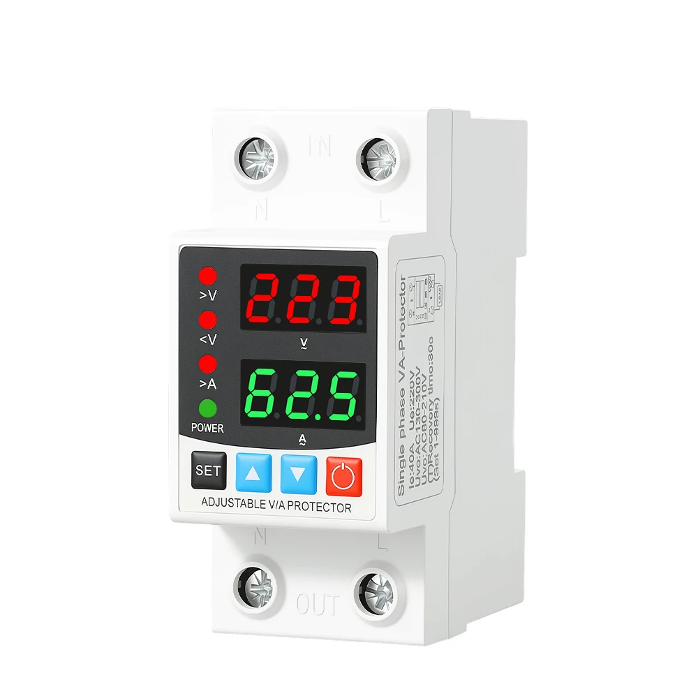 DIN Rail Mounted 40A 63A 80A over under Voltage Protective Relay 220V 230V Dual Display Adjustable Current Protector Device