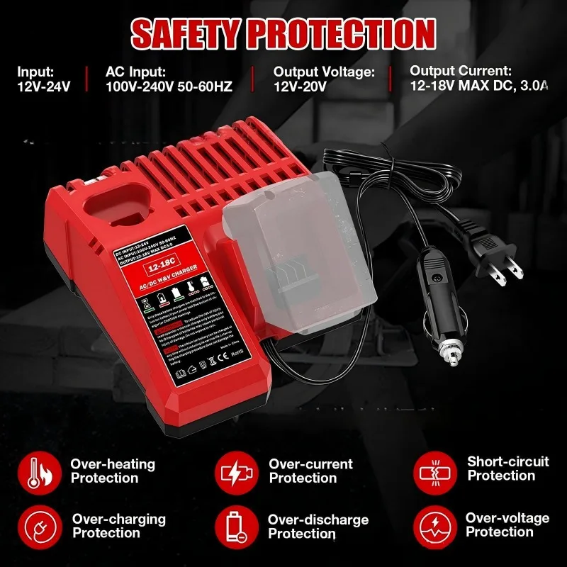 Portable Fast Charger for Milwaukee 12/18V for DL 20/60V Batteries for Indoor Outdoor Use with Cigarette Lighter and Wall Plug