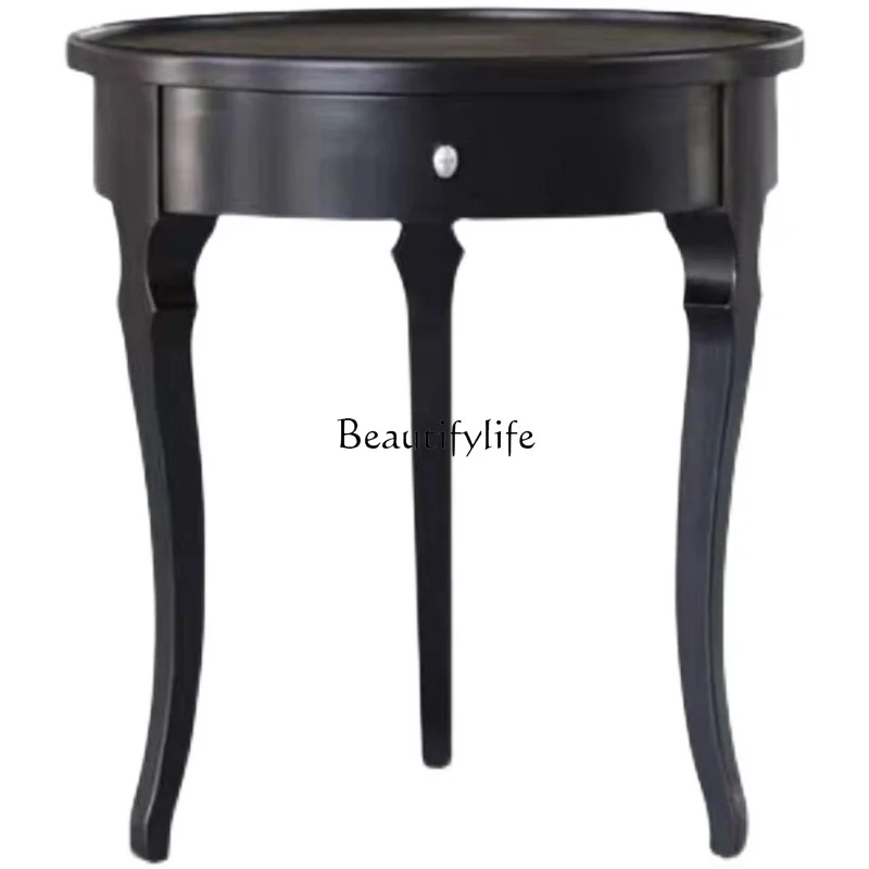 

American solid wood round small coffee table light luxury living room design wooden craftsmanship corner table