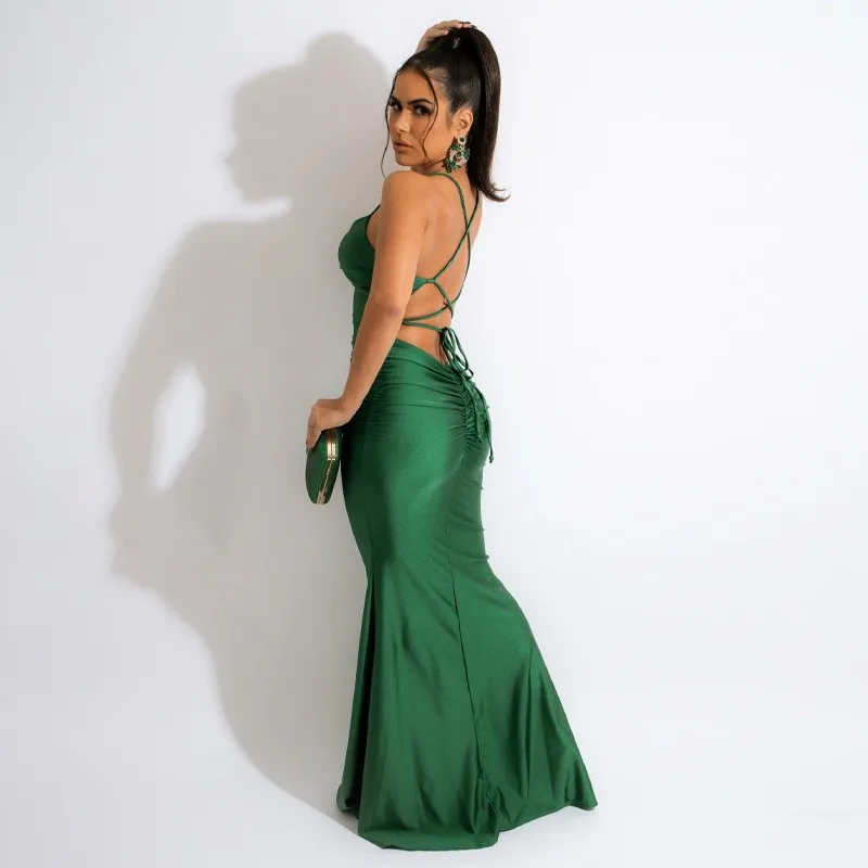 Elegant Party Dress For Woman Evening Long V Neck Sleeveless High Waist Spaghetti Strap Ruched Green Maxi Dress On Clearance view 3