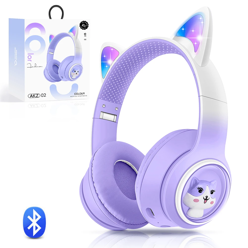 Wireless Cat Ear Headphones with RGB LED Light Bluetooth Foldable Space Capsule Headset For School Children Kid Girls Gifts