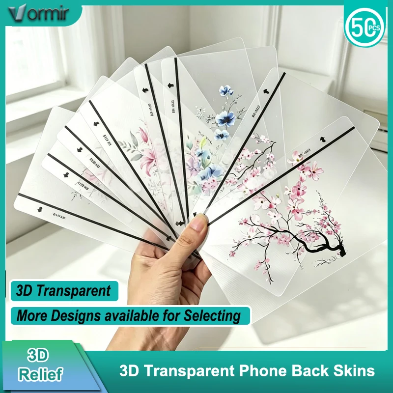 

VORMIR 50pcs 3D Relief Transparent Color Back Films Phone Skin Stickers Decorative Films for Unlock Sreen Protector Cut Machine