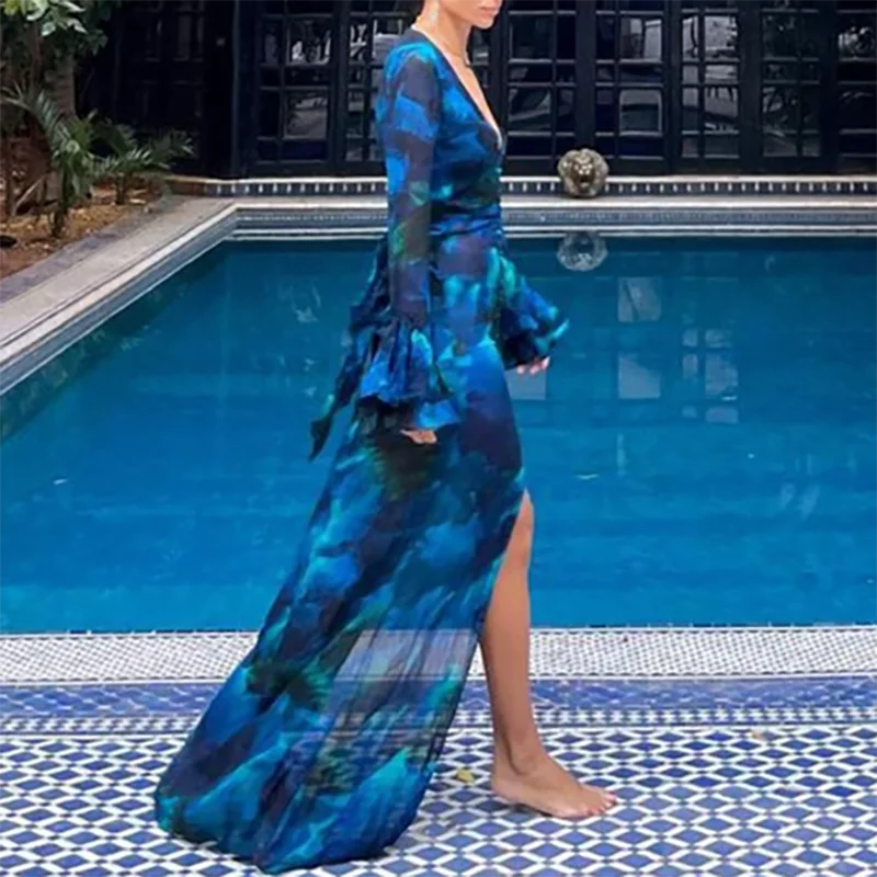 여성 고급 딥 V넥 쉬폰 파티 드레스 2025 봄 우아한 롱 슬리브 슬릿 드레스 쇼 스타일 플로럴 프린트 맥시 슬림 드레스