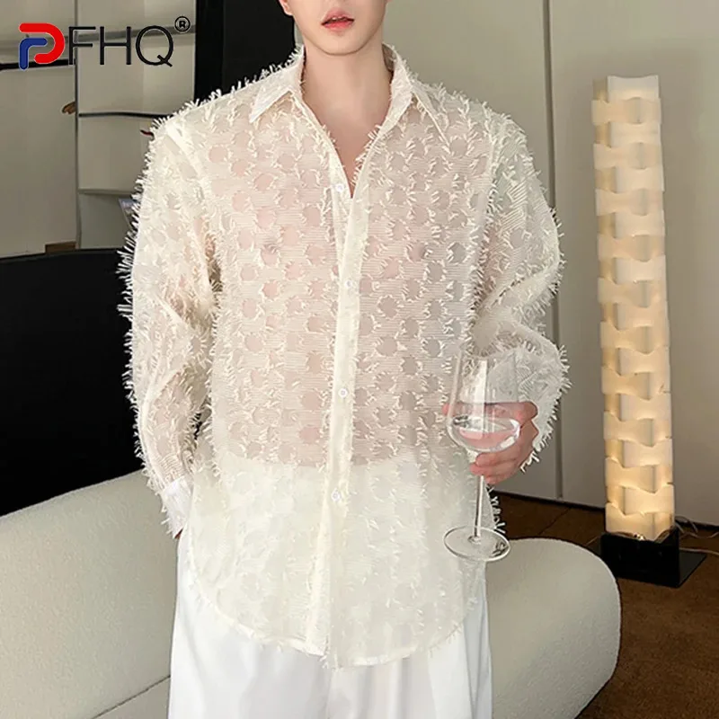 PFHQ Men's Perspective Long Sleeved Shirts Handmade Woolen Mesh Breathable Sexy Creativity Sun Protection Tops Summer 21Z4227