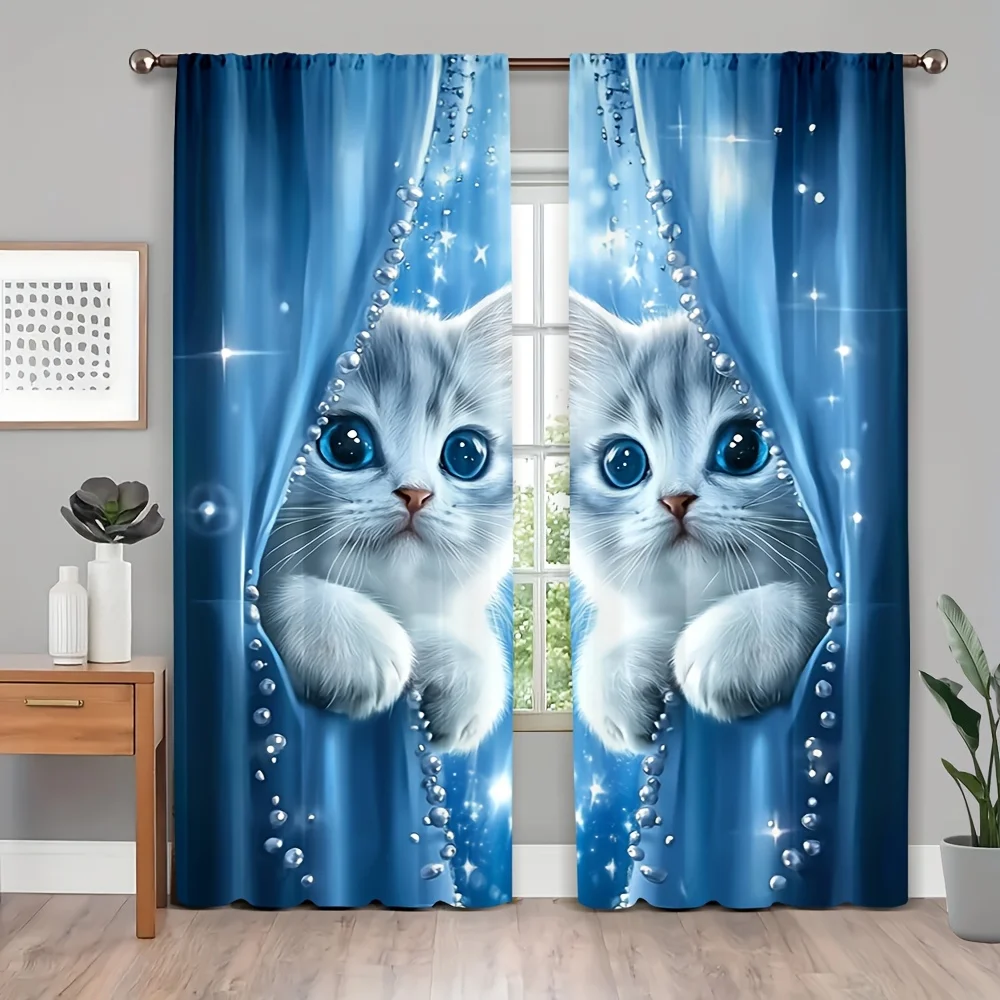 

2 шт. шторы с милым кошачьим принтом — карман стержнями, прозрачные для спальни, гостиной и кабинета — домашний декор