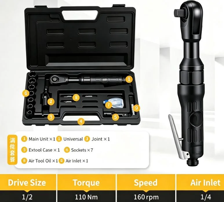 Pneumatic Ratchet Wrench Set 1/2 Inch Drive High For Torque Air Tool With Alloy Body For Automotive Repair And Industrial Mainte