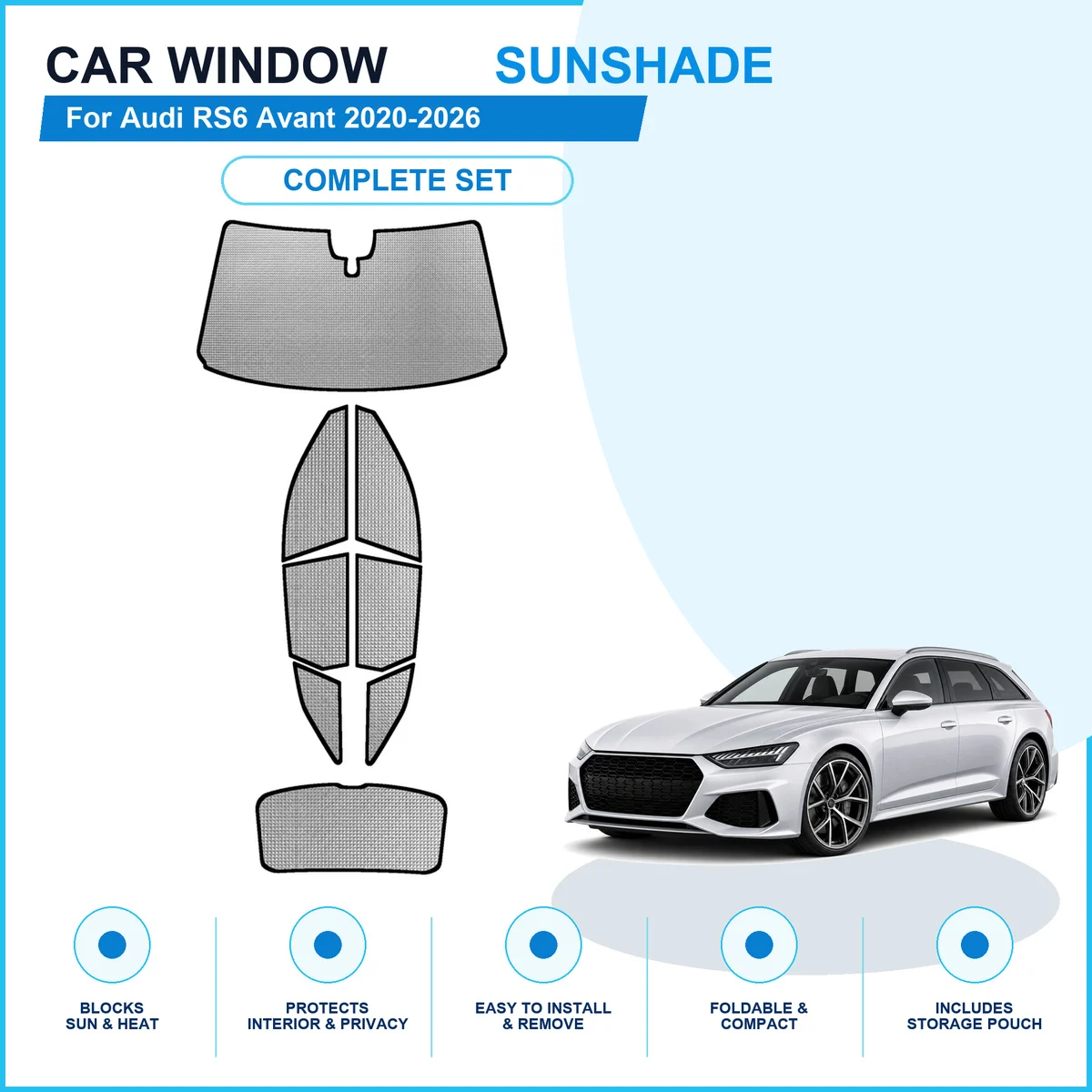 For Audi RS6 Avant 2020-2026 Custom Full Set Window Sunshades Aluminum Foil Suction Cup Anti UV Privacy
