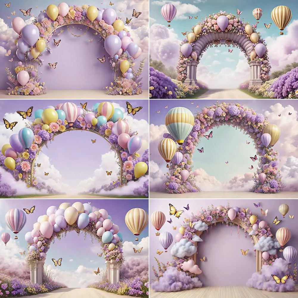 

MOON.QG Girls Purple Birthday Backdrop Arch Balloon Floral Flower Portrait Photo Studio Background Baby Party Shooting Back Drop